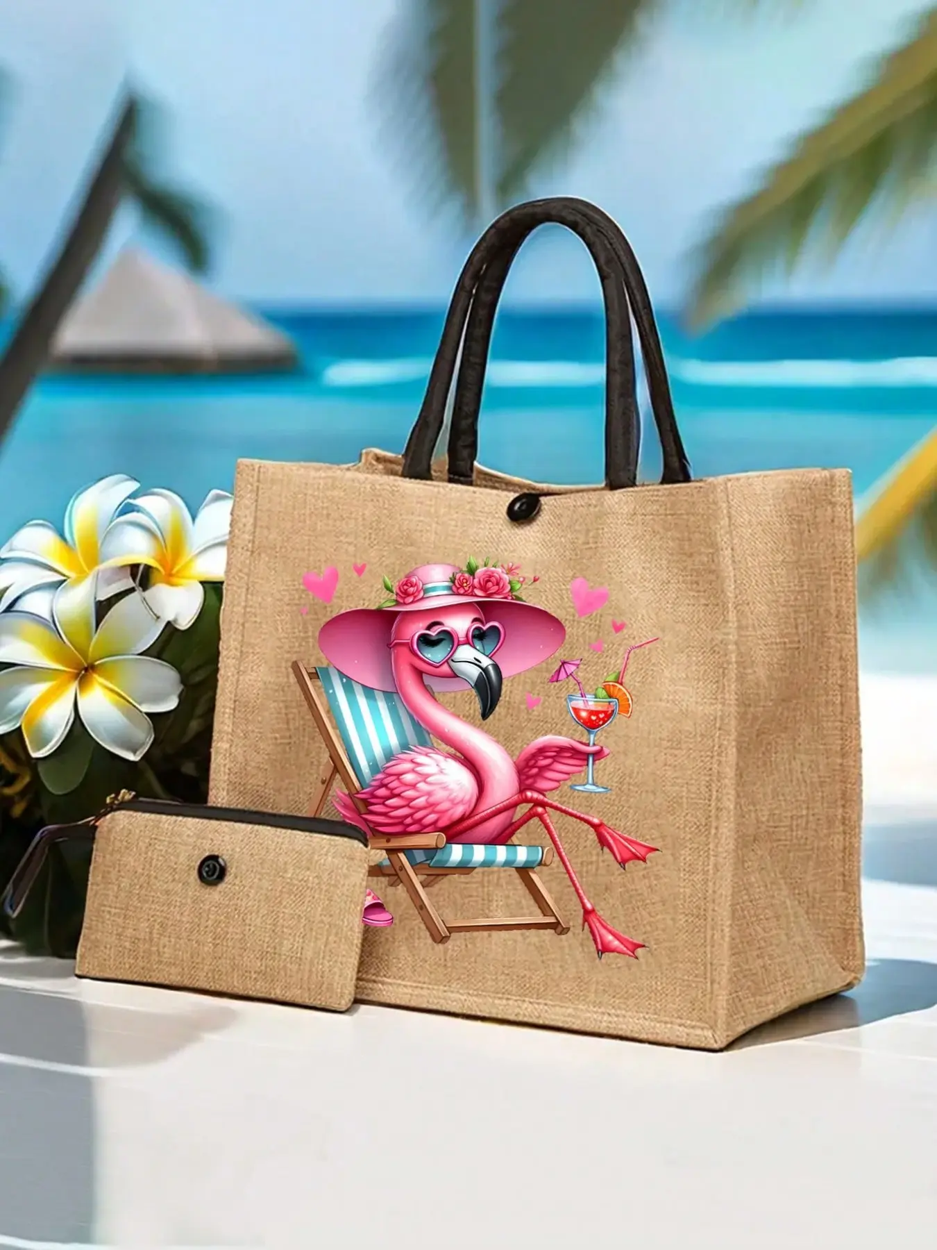 Large Capacity Cute Cartoon Flamingo Print Handbag Set, Includes Wallet, Travel Beach Bag, Animal Pattern, Perfect Gift for Women