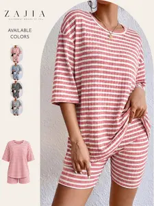 Women's 2-Piece Pajama Set, Striped Oversized Tee and Shorts, Comfortable Lounge Wear, Perfect for Home Relaxation
