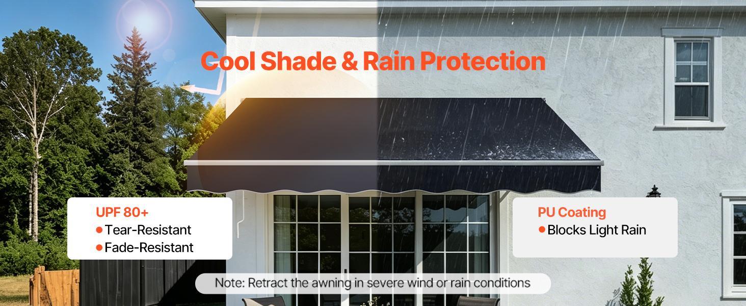 VEVOR Manual Retractable Awning, 11.5' x 9.8' Outdoor Patio Awning Retractable Sun Shade, Patio Door Window Water-Resistant Polyester Sunshade Shelter with Crank Handle for Deck, Balcony, Yard, Gray
