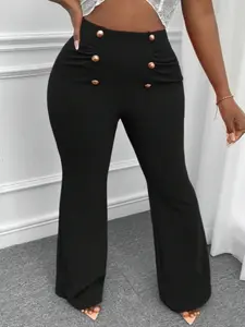 【Plus Size】 Solid Ruched Button Front Flare Leg Pants, Chic Casual Comfy High Waist Bell Bottom Trousers for Daily Wear, Women's Bottoms for All Seasons