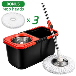 Spin Mop and Bucket Set,Detachable Double Buckets Separate Dirty Water with Stainless Steel Wringer for Floor Cleaning,Cleaning Buckets with 3 Mop Head Replacements Heads 50.8” Wide Head 180° Swivel Hands In Adjustable Handle
