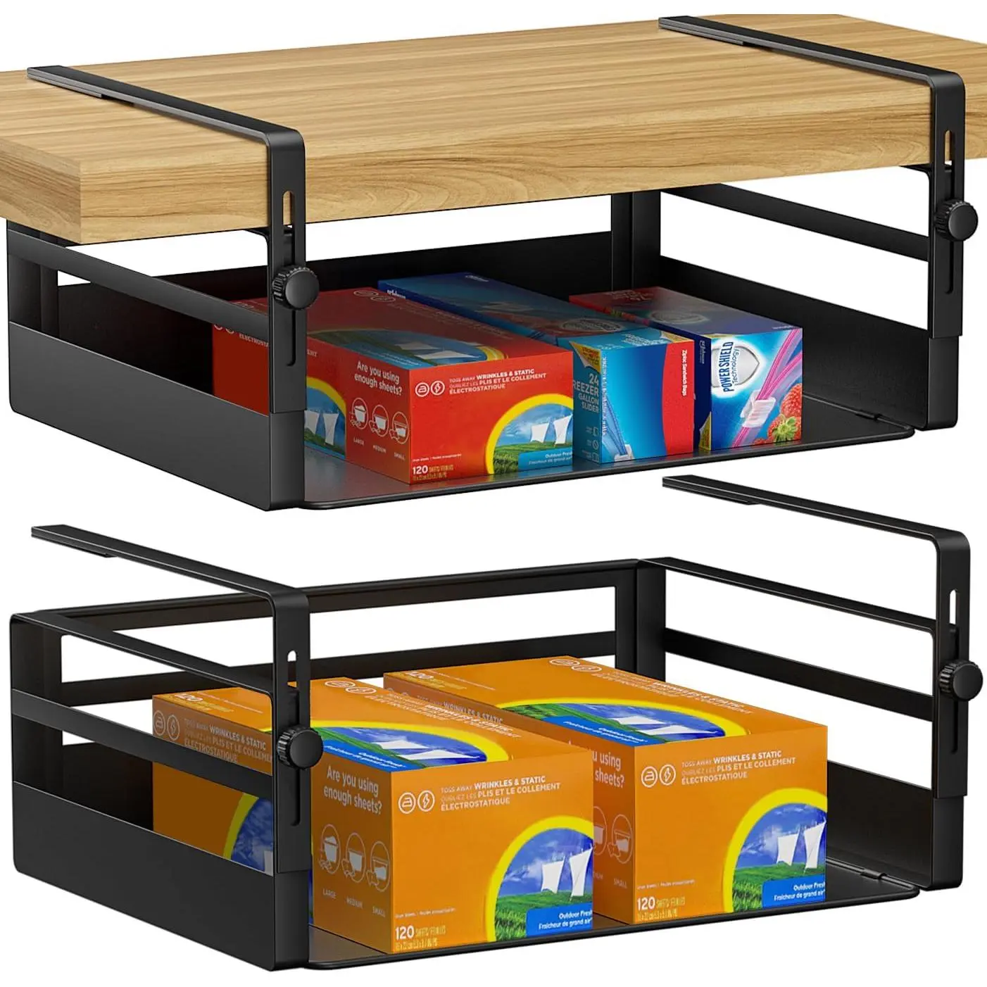 2 Pack Under Shelf Storage Basket Organizer,Adjustable Hanging Under Cabinet Add-on Storage Racks Slide-in Baskets Organizer for Laundry Room Kitchen Pantry Desk Bookshelf, Black