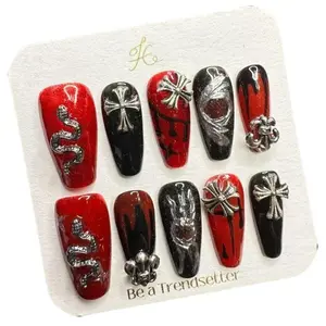 E101 Long red personalized design Punk style everything hand removable press on nails almond press french tip nail Handmade Coffin Almond Press-On Nail Kit