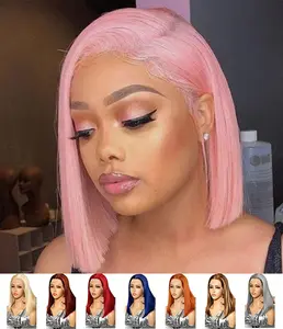AMZ Short Bob Straight 13x4 HD Transparent Lace Pink & P4/27 & Grey & 613 & 99J & RED & 350 & Blue 100% Human Hair Wig Fashion Look Colored Wig Summer Style For Women