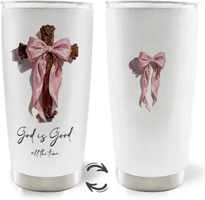 Pink Bow Christian Cross 20oz Travel Coffee Mug Tumbler, Christian Gifts for Women, God Is Good All the Time Bible Verse Religious Stainless Steel Tumbler with Lid and Straw