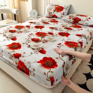 [3pcs Bed Sheet Set] 3pcs Red And White Camellia Warm And Elegant Style 2D Flat Effect Bed Sheet And Pillowcase Three-Piece Set | Soft, Skin-Friendly And Breathable Bed Sheet | 2 Pillowcases + 1 Fitted Sheet | Suitable for All Seasons, Machine Washable su
