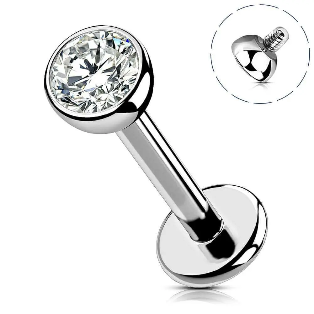 16G G23 Titanium Labret Stud, Internally Threaded Piercing Jewelry with a Round CZ Bezel - Dainty Unisex Stud for Lip, Cartilage, Helix, Tragus, Bling Effect, Secure Fit