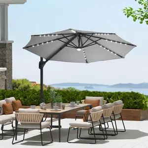10 ft Cantilever Patio Umbrella with Solar Lights , 360° Rotation Offset Umbrella, Easy Crank & Tilt, UPF50+ For Backyard Poolside Deck, No Base,summerwins
