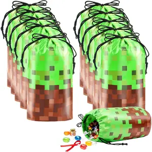 HLHLLSW 50Pcs Green Pixel Theme Drawstring Party Bags 6×8 Inch Plastic Gift Bags for Birthday Party Favors Decorations (Green)