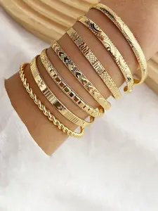 7-Piece Geometric & Rope Pattern Bracelet Set, Elegant Alloy Open Bangles for All Seasons, Perfect Gift for Daily Wear, Stackable Bracelets