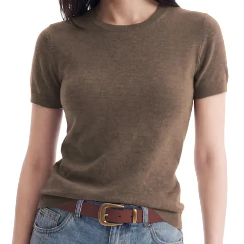 C202 Women’s Wool Blend Crew Neck Short Sleeve Knit Top, Lightweight Soft Slim Fit Shirt, Quiet Luxury Minimalist Fall Layering Essential for Work and Everyday Wear