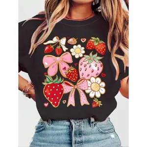 Pink Bow Print And Strawberry Print Summer Women's Round-Neck T-Shirts Day Fabric