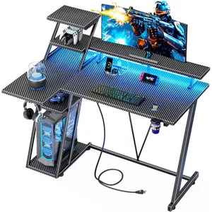 39 Inch Gaming Desk with LED Lights & Power Outlet, Small Gaming Computer Desk with Storage Shelves, L Shaped Gamer Workstations with Monitor Stand for Bedroom, Carbon Fiber Black