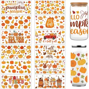 Fall UV DTF Cup Wrap - 12 Sheets Hello Pumpkin Season Fall Vibes Rub on Transfers for Crafting UV DTF Cup Wraps for 16 OZ Tis the Season Autumn Harvest Cup Wrap Transfer Stickers for Glass  Crafts