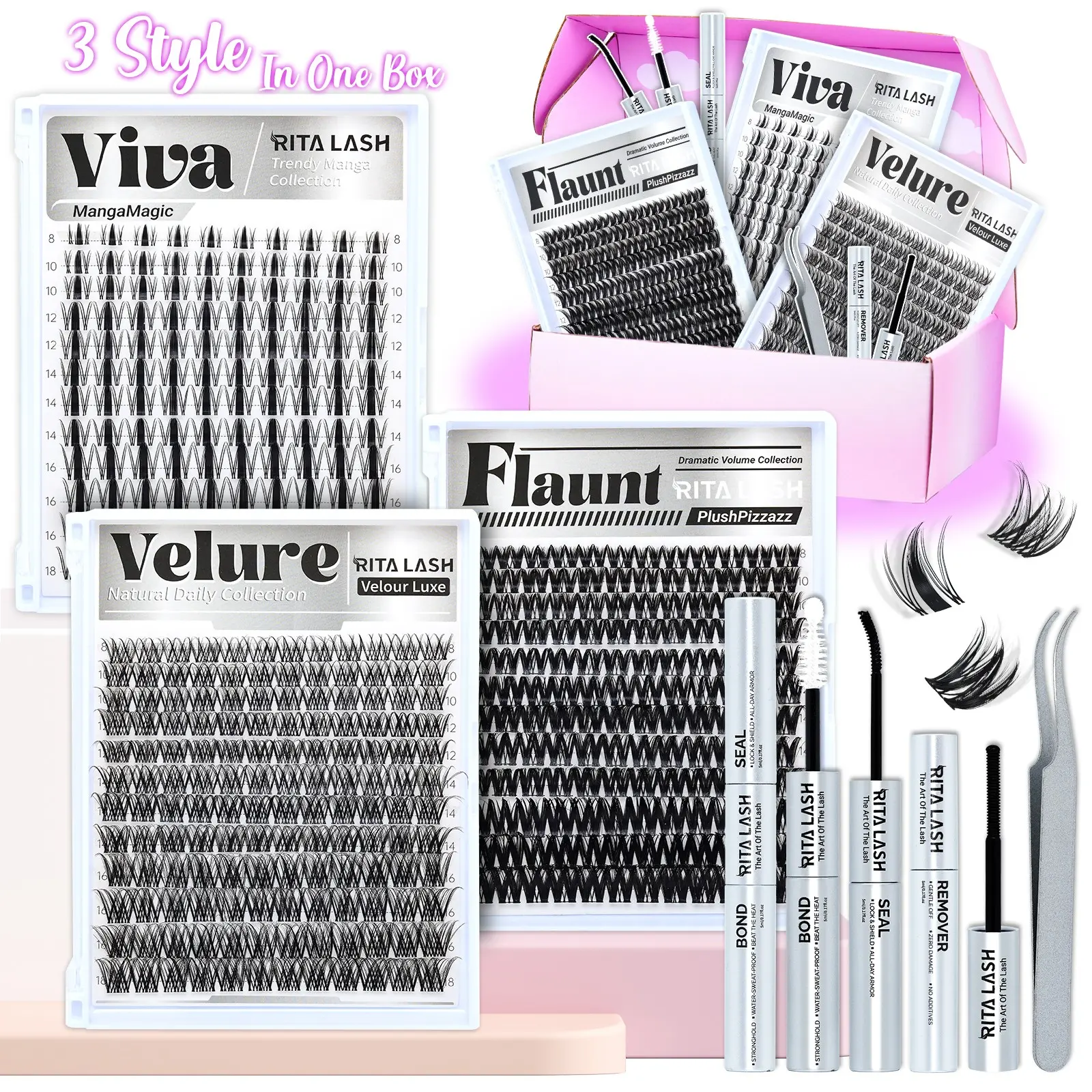 RITALASH 408Pcs Lash Clusters, VIVA/FLAUNT/VELURE 8-18mm DIY Volume Cluster Eyelashes Extension Kit Popular & Must-Have Clusters with Lash Bond and Seal, Remover, Lash Tweezers Perfect Density Lashes