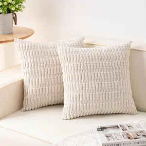 Pack of 2 Corduroy Decorative Throw Pillow Covers 18x18 InchSoft Boho Striped Pillow Covers Modern Farmhouse Home Decor for Sofa Living Room Couch Bed(Cream White)