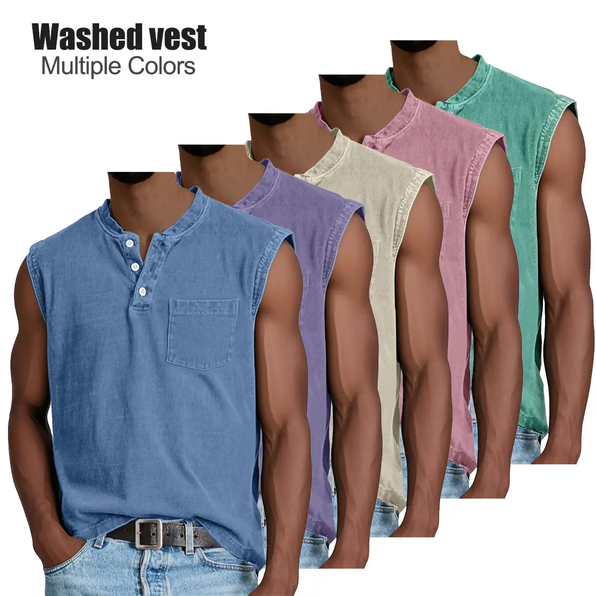 Cotton Men's Acid Wash Vintage Sleeveless Henley Tank Top, Button-Up Workout & Gym Vest with Chest Pocket, Casual Streetwear for Men