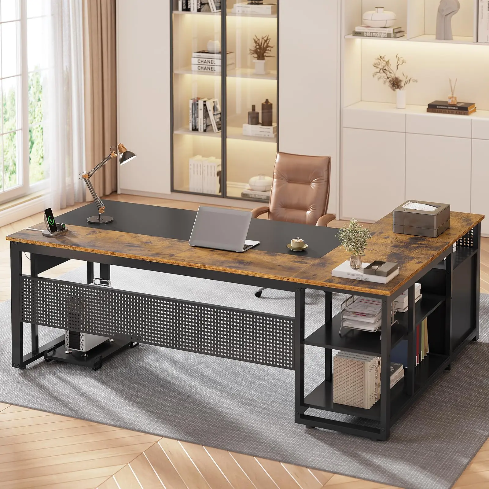 71" Reversible L-Shaped Executive Desk with Power Outlet & File Drawers, Large Computer Gaming Desk with Pegboard & CPU Stand, Modern Home Office Workstation(Brown)