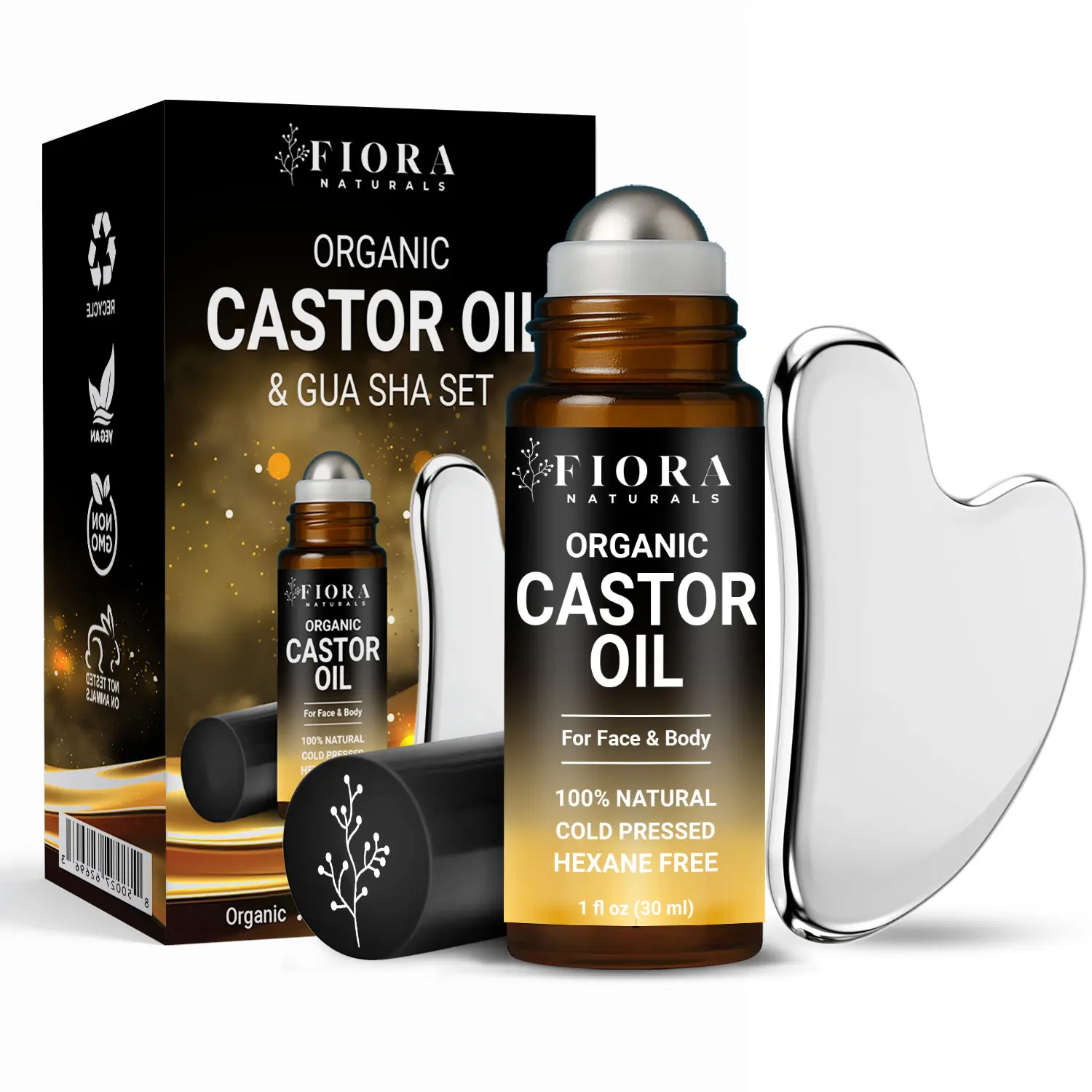 Organic Castor Oil Roll On & Stainless Steel Gua Sha Facial Tool