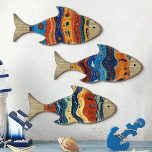 Bohemian Wooden Fish Wall Decor Set, Colorful Ethnic Ocean Decoration, Mediterranean Farmhouse Living Room Bedroom Wall Art, DIY Adhesive Home Decor