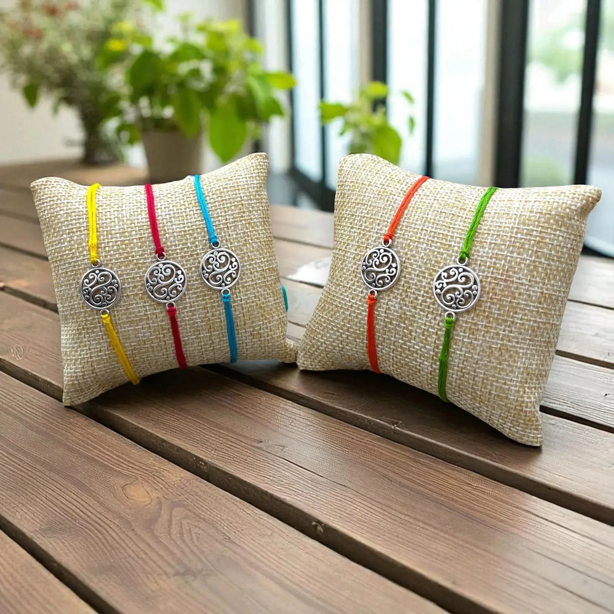 Handcrafted Rakhi Bracelet Set | Elegant Round Charm Rakhi, Silk Thread, Card & Roli | Celebrate Raksha Bandhan Rituals & Love