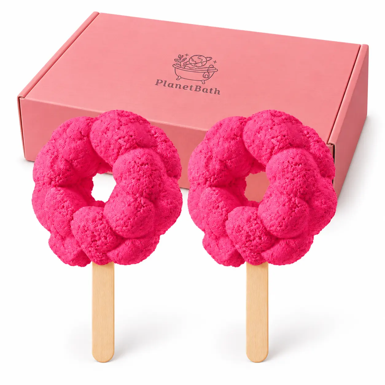 PlanetBath Bubble Bath Lollipop, Reusable Solid Bubble Bar, Bubble Gum Scent, Pink, 2 Count