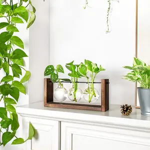 Ivolador Plant Terrarium, Wall Hanging Glass Planter with Wooden Stand Tabletop Propagation Station with Metal Swivel Holder Retro Rack 3 Bulb Containers for Hydroponics Plants Home Office Decor