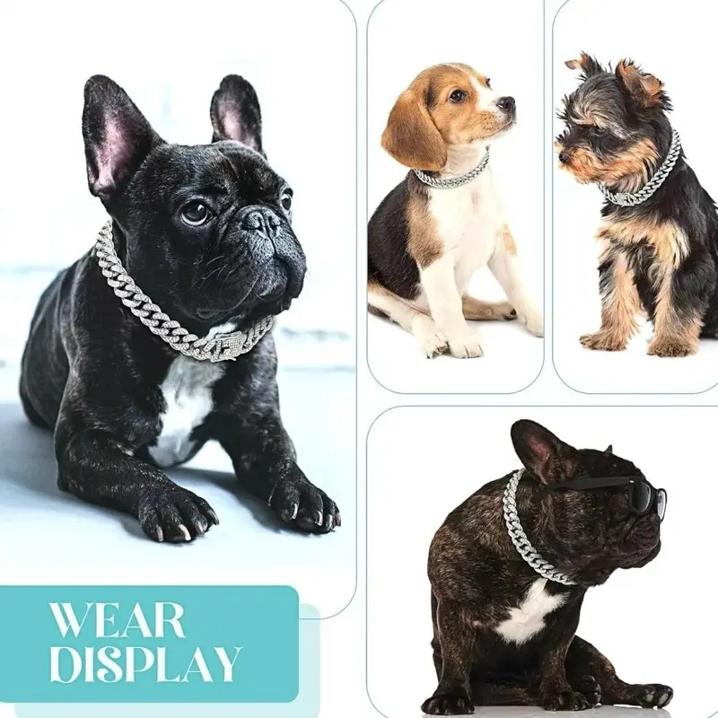 Silver Dog Chain Collar 13mm Wide Diamond Cuban Link Necklace Crystal Metal Pet Collar for Small Medium & Large Dogs & Cats High-Quality Zinc Alloy Zirconia Decorations All Seasons