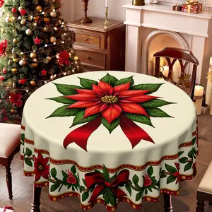 EastJia 1pc Polyester Round Festive Tablecloth - White Poinsettia & Holly Garland Design, Lightweight, Smooth, Durable, Easy to Clean, Machine-Made, Ideal for Holiday Dining & Sofa Decor