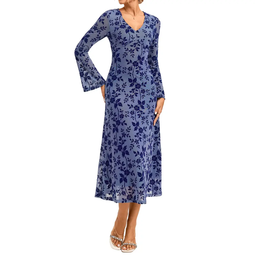 GRACE KARIN Women's Floral Print Longsleeves Bodycon Maxi Dress - V-Neck, Sheath Silhouette, Bell Sleeves, Mesh, High Elasticity Evening Clothes for Wedding Guests, Formal Occasions