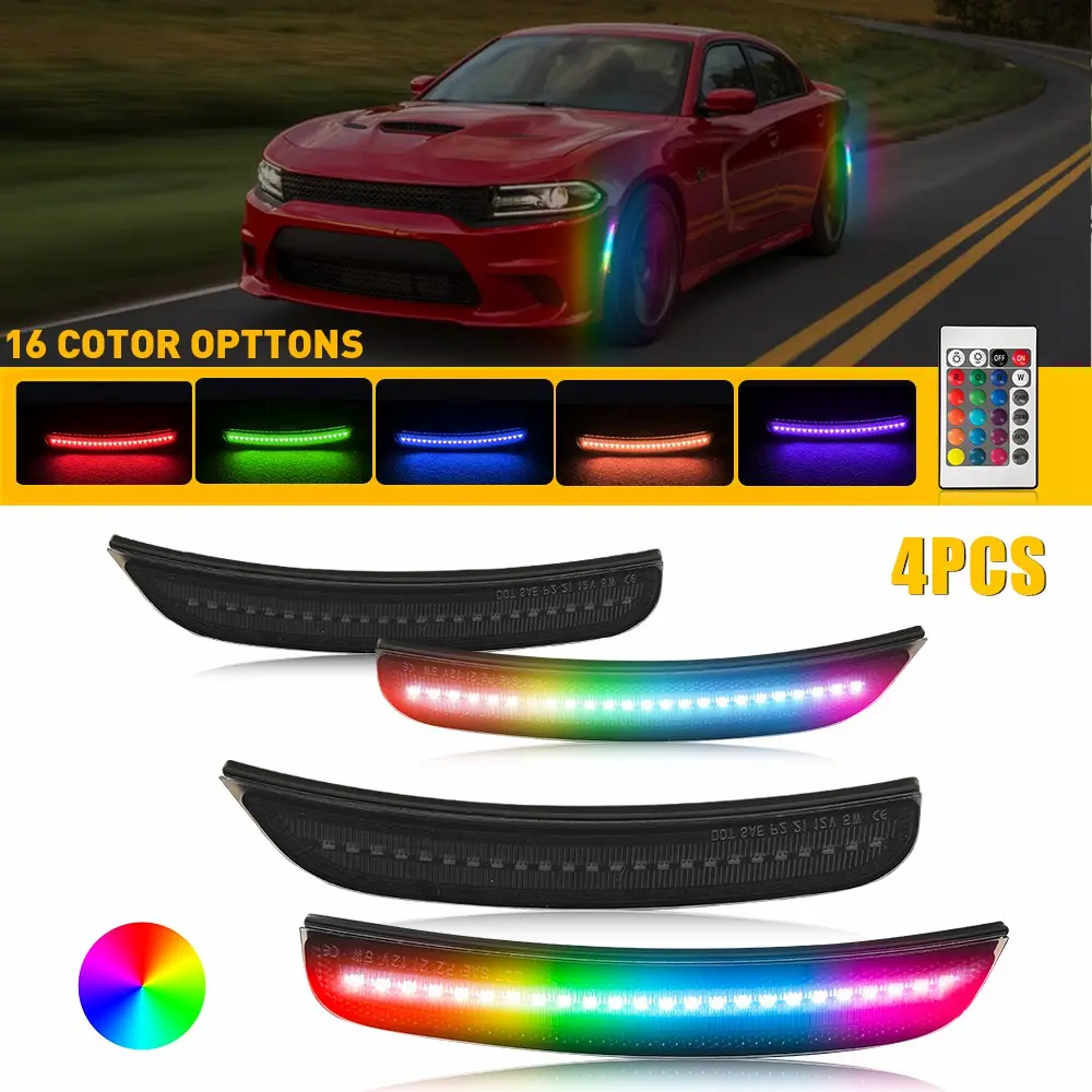 For Dodge Charger 2015-2023 RGB LED Side Marker Lights w/ Remote Control SMOKED4