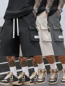 3-Pack summer thin men's tooling cropped pants waist belt drawstring large pocket letter patch letter fashion trend casual sweatpants suitable for daily wear and casual going out