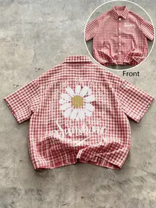 Unisex Plaid Checkered Gingham Short Shirt, Casual, Vintage Y2K Street Style, Loose Fit Short Sleeve, Daisy Floral Letter Print, Classic Versatile Daily Wear
