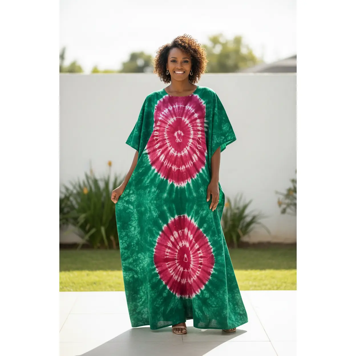 Kaftan Tie-Dye Vert Émeraude & Rose – Élégance Africaine