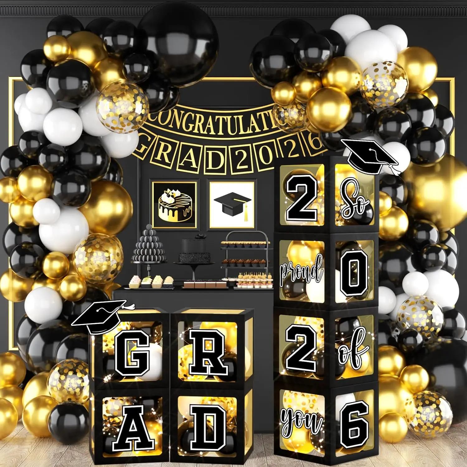 2026 Graduation Decorations Black and  Grad Balloon Boxes with Letters So Proud of You Balloon Arch Kit Class of 2026 Photo Backdrop Props Congrats Grad Party Decorations for Any Grades