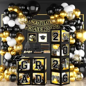 2026 Graduation Decorations Black and  Grad Balloon Boxes with Letters So Proud of You Balloon Arch Kit Class of 2026 Photo Backdrop Props Congrats Grad Party Decorations for Any Grades