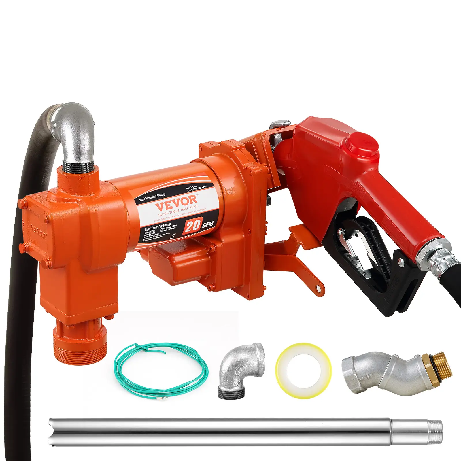 VEVOR Fuel Transfer Pump, 12V DC 20 GPM 1/4 HP, Gasoline Extractor Pump with Automatic Nozzle, Discharge Hose & Suction Pipe for Gasoline, Diesel, Ker