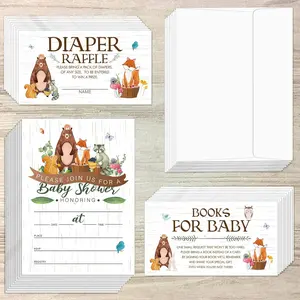 Sets of 28 Woodland   Shower Invitations, Diaper Raffle Tickets,  Shower Book Request Cards with Envelopes for Boy Girl Woodland Creatures Forest Welcome Theme Party Supplies