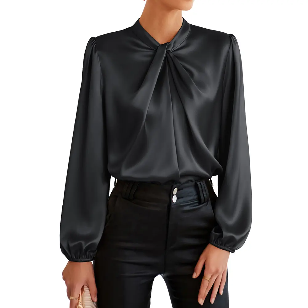 Grace Karin Blouse for Women, Elegant Solid Satin Mock Neck Shirts with Lantern Sleeves for Business Casual Corporate Attire, Office Work Clothes, Corporate Attire Women, All Seasons, 2% Viscose, Buttons, Check Size Chart, 2Xl, Office Ootd, Evening, No, L