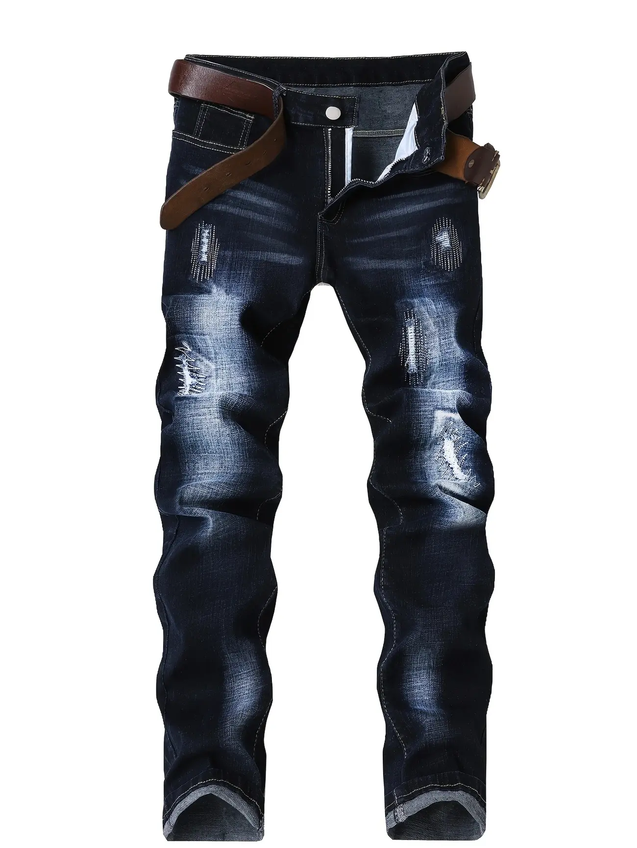 Men's Dark Blue Ripped Stretch Flared Slim Fit Denim Jeans - Machine Washable, Casual, Stylish, Elastic Fitted, Embroidered Streetwear Pants with Unique Stacked Design, for Him, Christmas, Halloween, All Seasons, Embroidery, Ripped Jeans, Menswear, Fashio