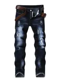 Men's Dark Blue Ripped Jeans Stretch Flared Denim Pants Slim Fit Machine Washable Casual Stylish Trouser with Unique Stacked Design for All Seasons - Menswear Menswear Fashion rap jean Elastic fitted  as  amug trendy american street style high jean fashio