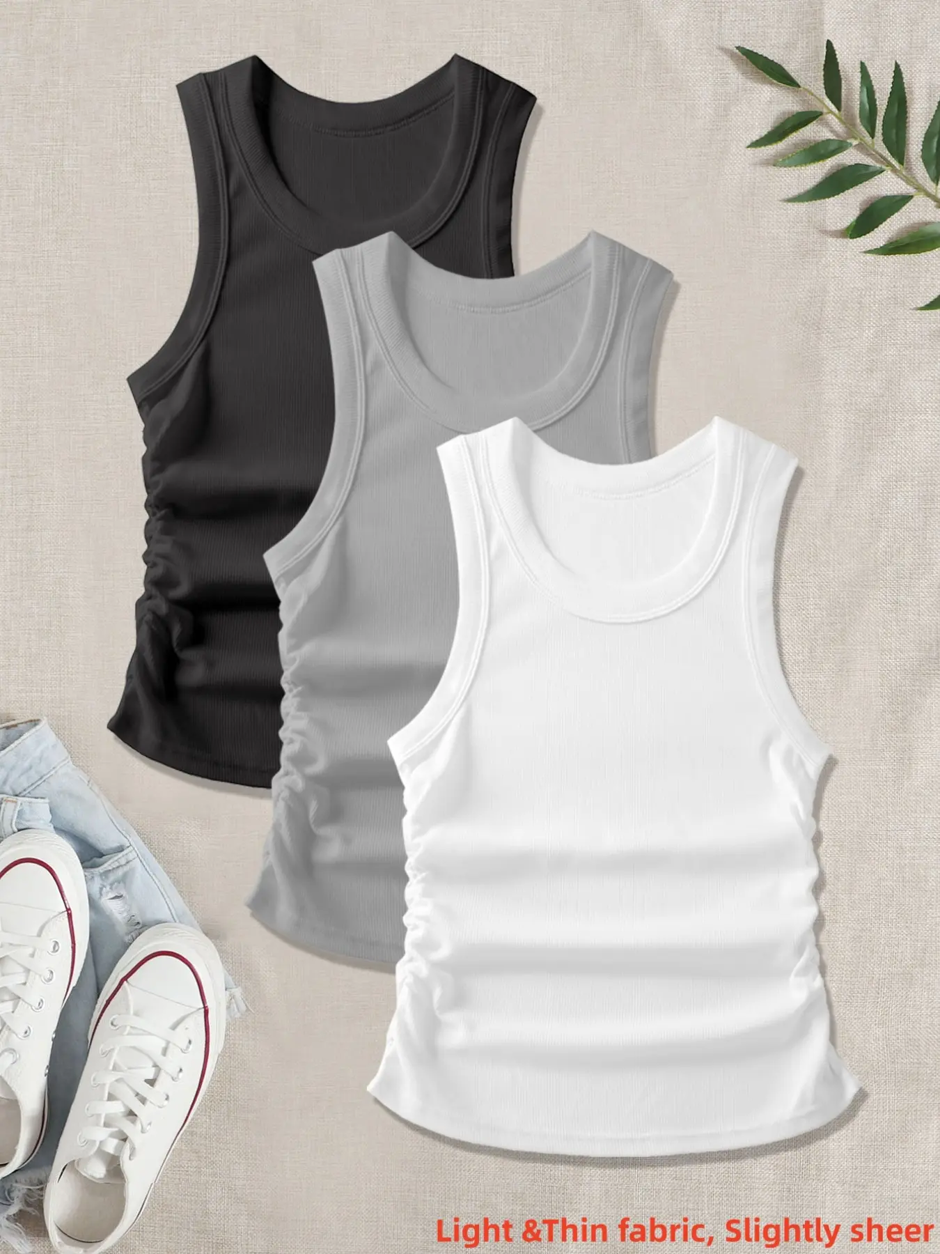 Women's Casual Breathable Lightweight Sleeveless Vest Set, Comfortable Elastic Side Straps, Fitted All Season Underwear, Pack of 3