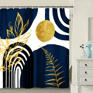 Mid Century Modern Navy Blue Shower Curtain Boho Dark Blue and Gold Leaves Shower Curtains for Mens Bathroom Decor Sets, Waterproof Cloth Fabric with Hooks, 72 x 72 in