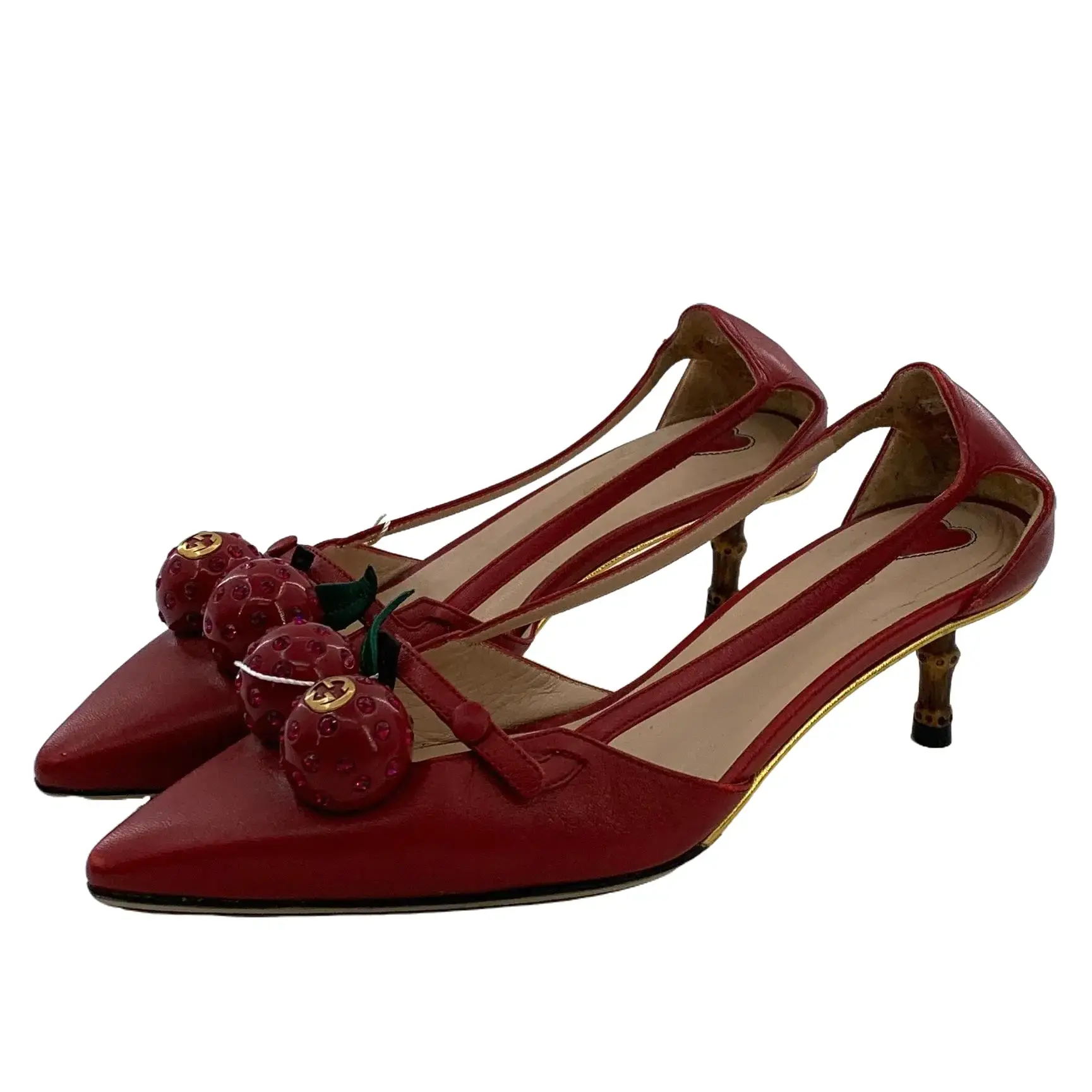 RDLT-Gucci size 36.5 red pointed‑toe cherry‑embellished stiletto heel pumps-J37629