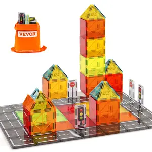 VEVOR Magnetic Tiles, 56 PCS Magnetic Road Building Blocks for Kids, Magnet Building Set with Storage Bag, STEM Sensory Educational City Construction Stacking Toys Gift for Toddlers Boys Girls Aged 3
