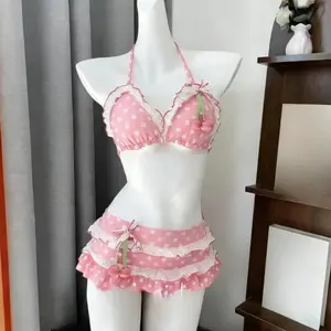 Women Y2k Sweet Bikini Set Japanese Kawaii Print Ruffles Lolita Swimsuit Crop Top + Skirt Two Piece Swimwear Beach Wear