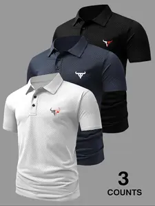 Men's Summer Plaid Short Sleeve Polo Shirt Top Set, Menswear, Fitted, Fashionable Stretch Fabric, Cow Print Design, Casual Daily Wear, 3 Piece Pack