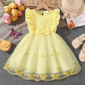 Girl's Butterfly Print Bow Decor ALine Dress, Cute Cap Sleeve Keyhole Neck Dress for Summer,Kids Clothes for Daily Wear