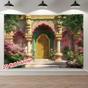 2D Flat Banner, Indian Art Background, Archway with Flowers, Elegant Polyester Fabric, Wedding Party Cultural Events Decor, Party Decoration Supplies, Wedding Party Backdrop