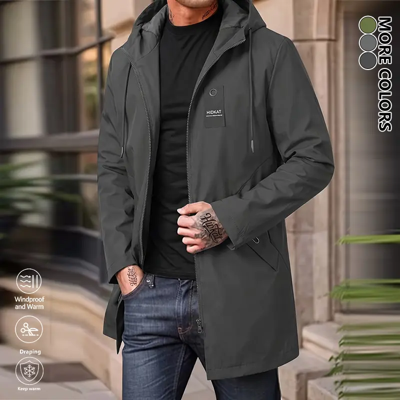 LIFE KEEPS MOVING men’s casual slim-fit outdoor windproof work jacket in large sizes; skin-friendly, breathable, soft, and comfortable fabric; men’s plus-size hooded mid-length windbreaker; men’s large-size fashionable commuter windproof hooded jacket.